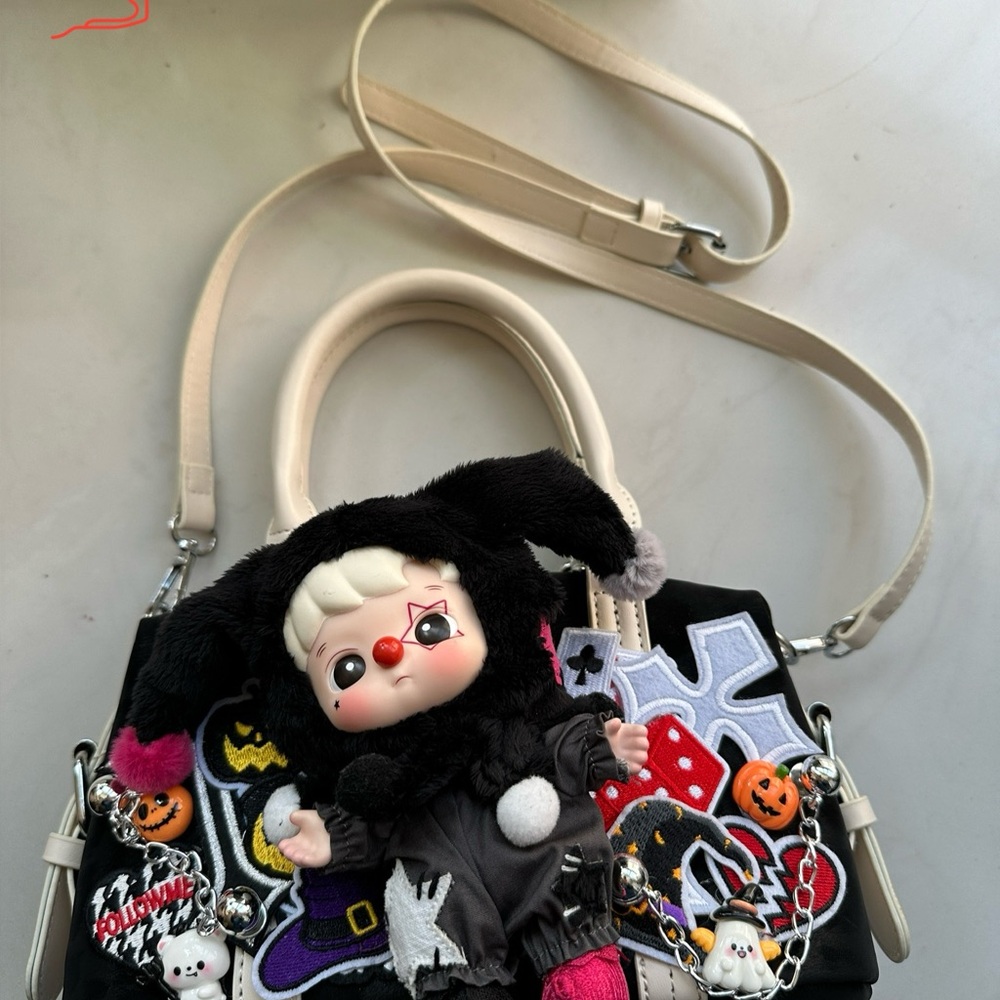 Charming Doll-Embellished Black and Cream Kids Bag
